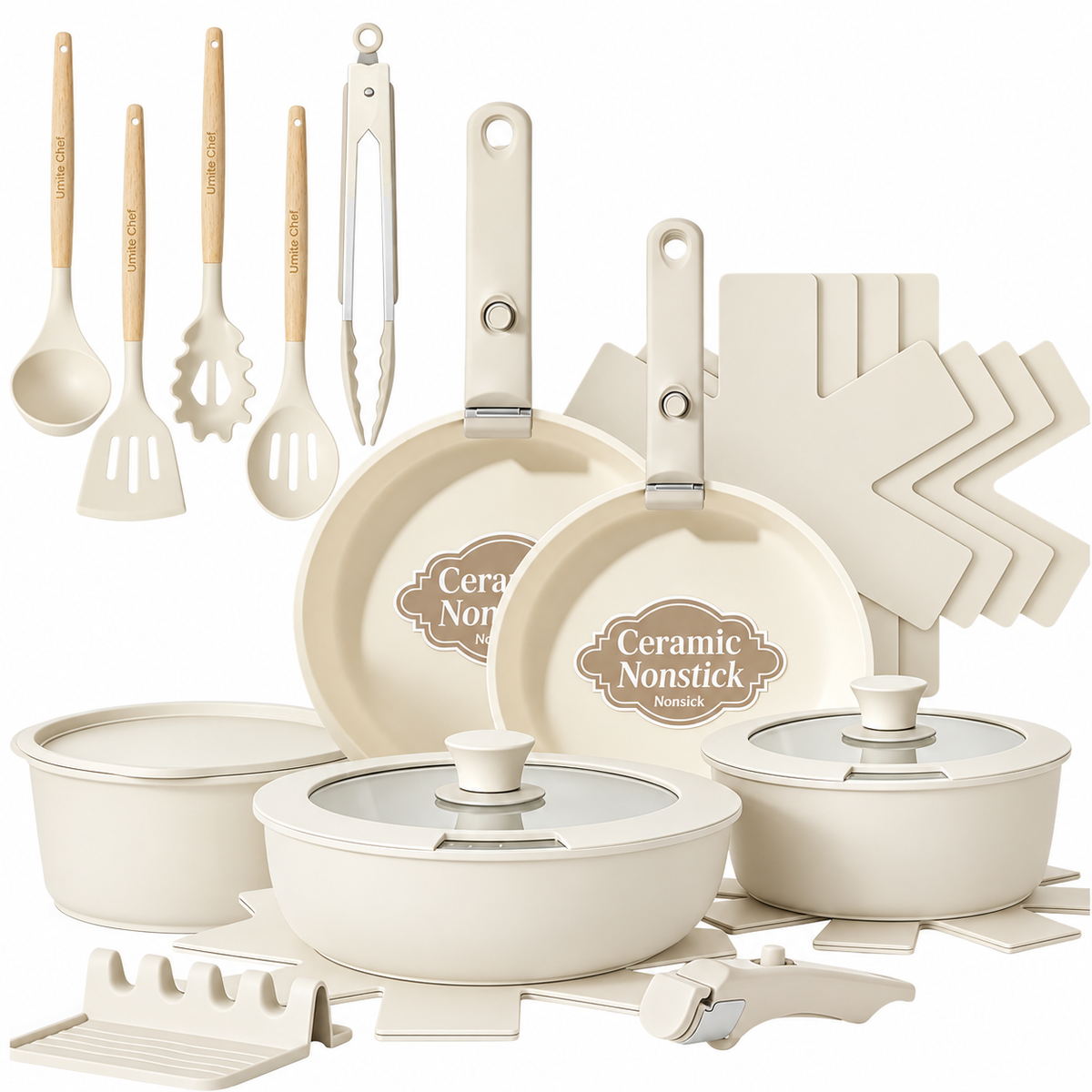 Non Stick Pots and Pans Set, 21 Pcs Ceramic Kitchen Cookware Set with Detachable Handle, Nonstick Healthy Induction Cookware, Dishwasher RV Cookware Set, Oven Safe, Stackable, Sage Green/Pink/Black/Navy