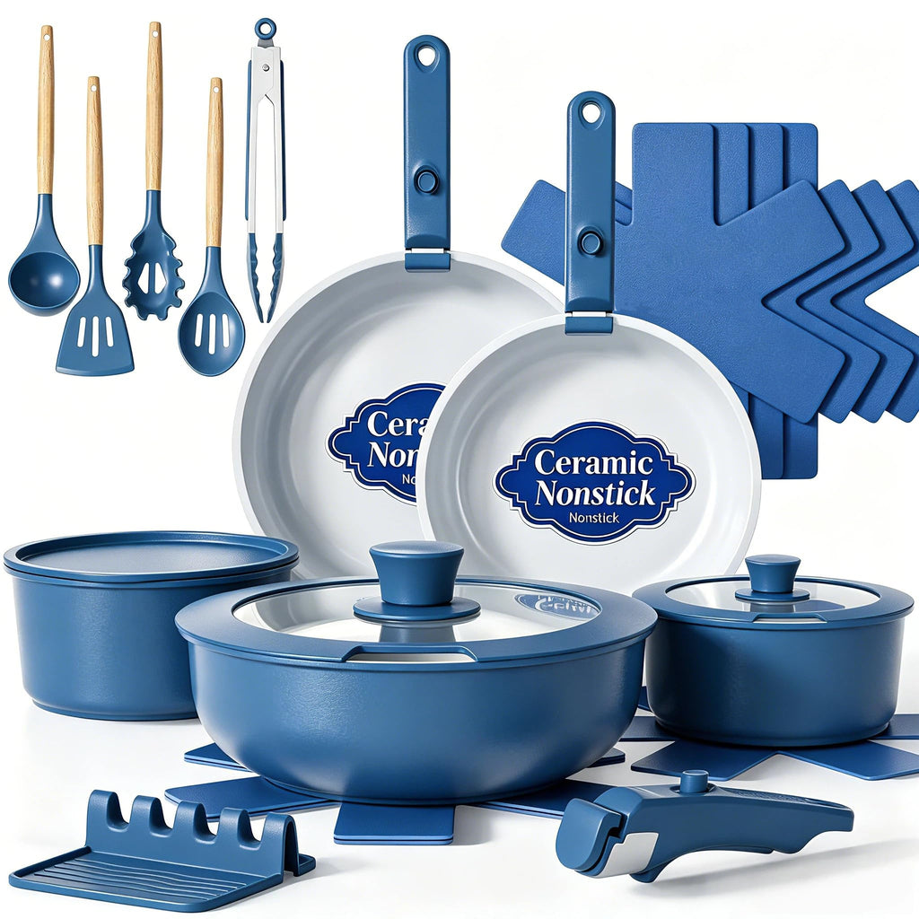 Non Stick Pots and Pans Set, 21 Pcs Ceramic Kitchen Cookware Set with Detachable Handle, Nonstick Healthy Induction Cookware, Dishwasher RV Cookware Set, Oven Safe, Stackable, Sage Green/Pink/Black/Navy