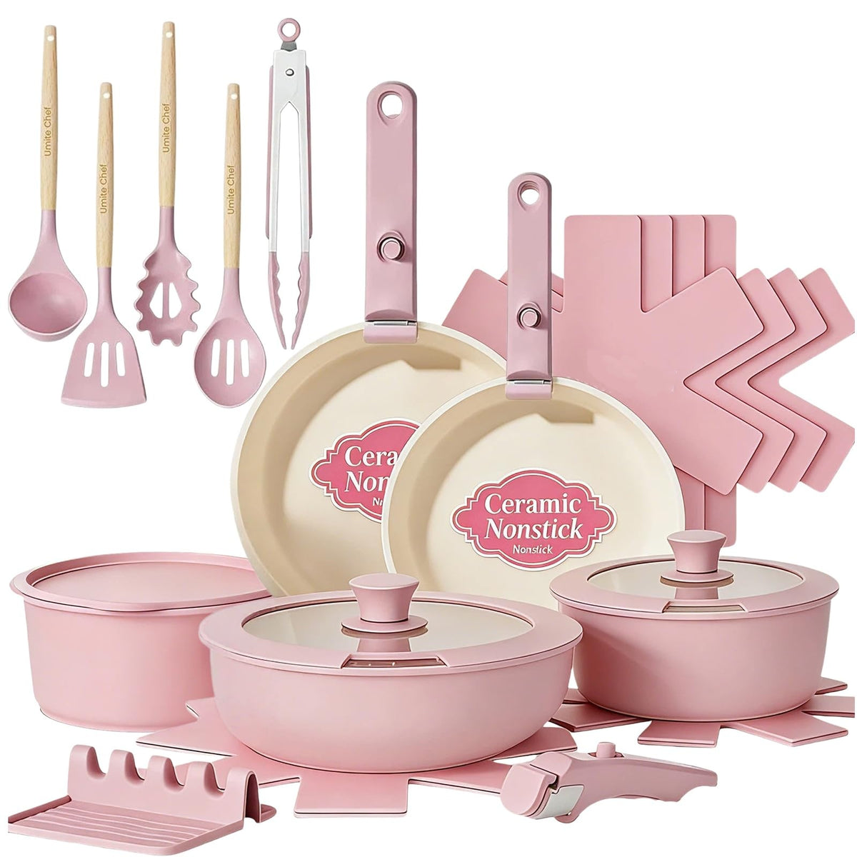 Non Stick Pots and Pans Set, 21 Pcs Ceramic Kitchen Cookware Set with Detachable Handle, Nonstick Healthy Induction Cookware, Dishwasher RV Cookware Set, Oven Safe, Stackable, Sage Green/Pink/Black/Navy