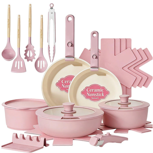 Non Stick Pots and Pans Set, 21 Pcs Ceramic Kitchen Cookware Set with Detachable Handle, Nonstick Healthy Induction Cookware, Dishwasher RV Cookware Set, Oven Safe, Stackable, Sage Green/Pink/Black/Navy