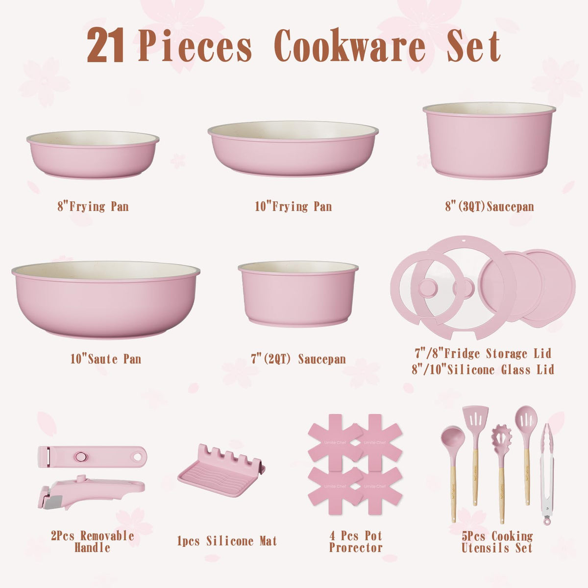 Non Stick Pots and Pans Set, 21 Pcs Ceramic Kitchen Cookware Set with Detachable Handle, Nonstick Healthy Induction Cookware, Dishwasher RV Cookware Set, Oven Safe, Stackable, Sage Green/Pink/Black/Navy