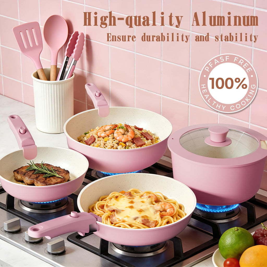 Non Stick Pots and Pans Set, 21 Pcs Ceramic Kitchen Cookware Set with Detachable Handle, Nonstick Healthy Induction Cookware, Dishwasher RV Cookware Set, Oven Safe, Stackable, Sage Green/Pink/Black/Navy