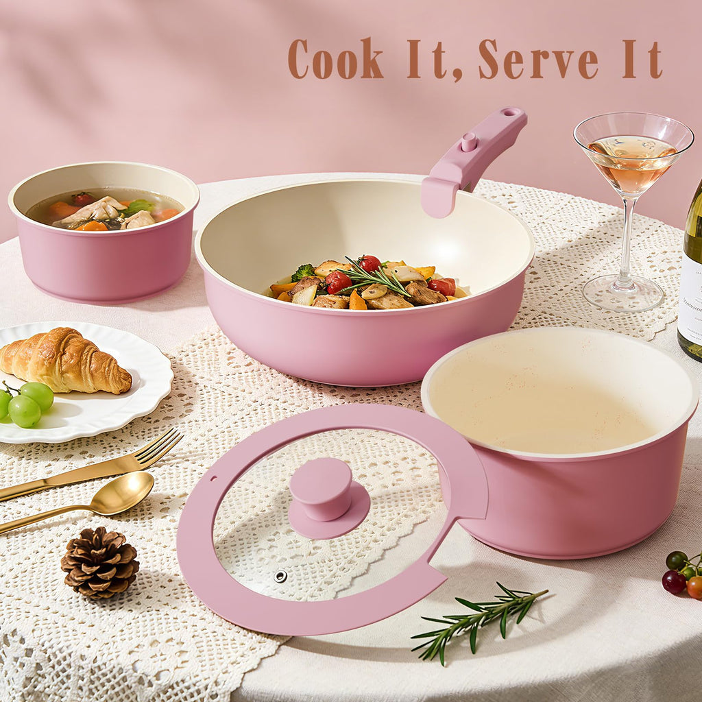 Non Stick Pots and Pans Set, 21 Pcs Ceramic Kitchen Cookware Set with Detachable Handle, Nonstick Healthy Induction Cookware, Dishwasher RV Cookware Set, Oven Safe, Stackable, Sage Green/Pink/Black/Navy