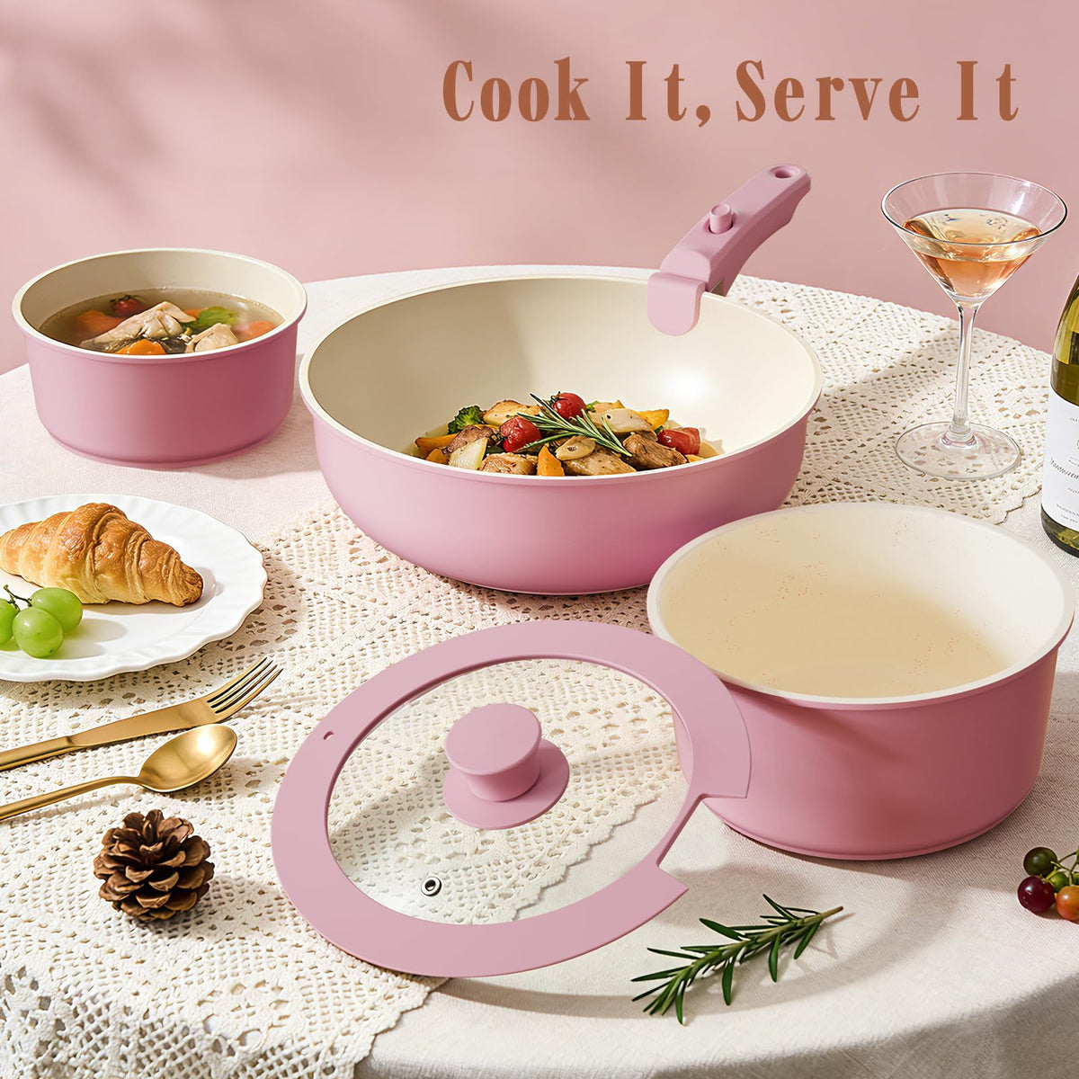 Non Stick Pots and Pans Set, 21 Pcs Ceramic Kitchen Cookware Set with Detachable Handle, Nonstick Healthy Induction Cookware, Dishwasher RV Cookware Set, Oven Safe, Stackable, Sage Green/Pink/Black/Navy