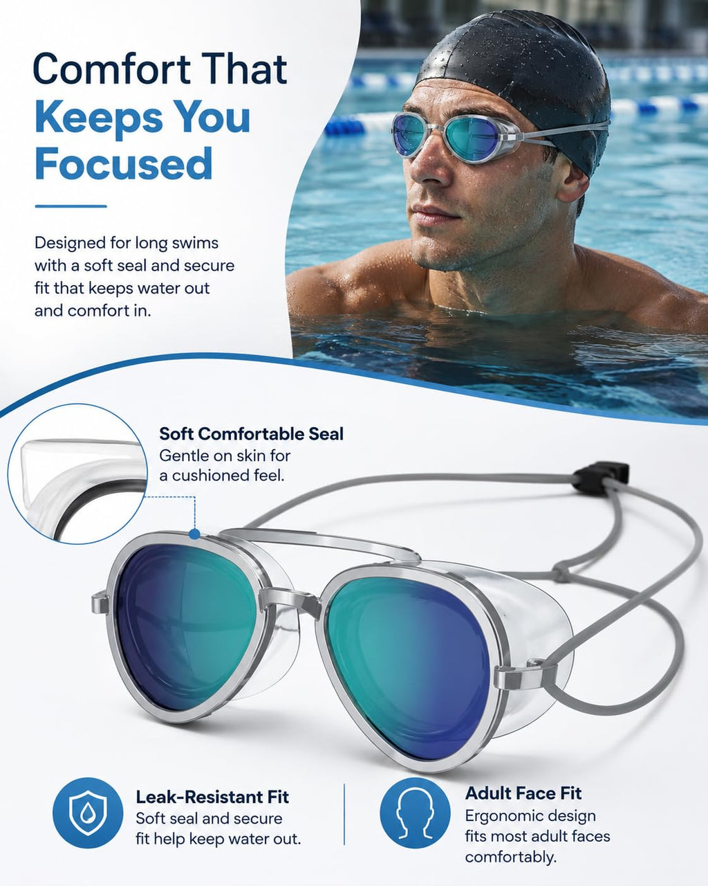 🍃180° Panoramic View Swimming Goggles, Anti-Fog UV Protection Mirrored Swim Goggles, Professional Racing Swim Glasses for Lap Training & Open Water