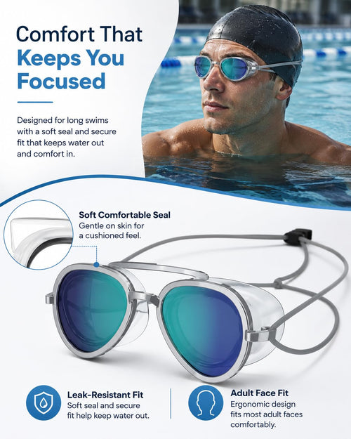 🍃180° Panoramic View Swimming Goggles, Anti-Fog UV Protection Mirrored Swim Goggles, Professional Racing Swim Glasses for Lap Training & Open Water