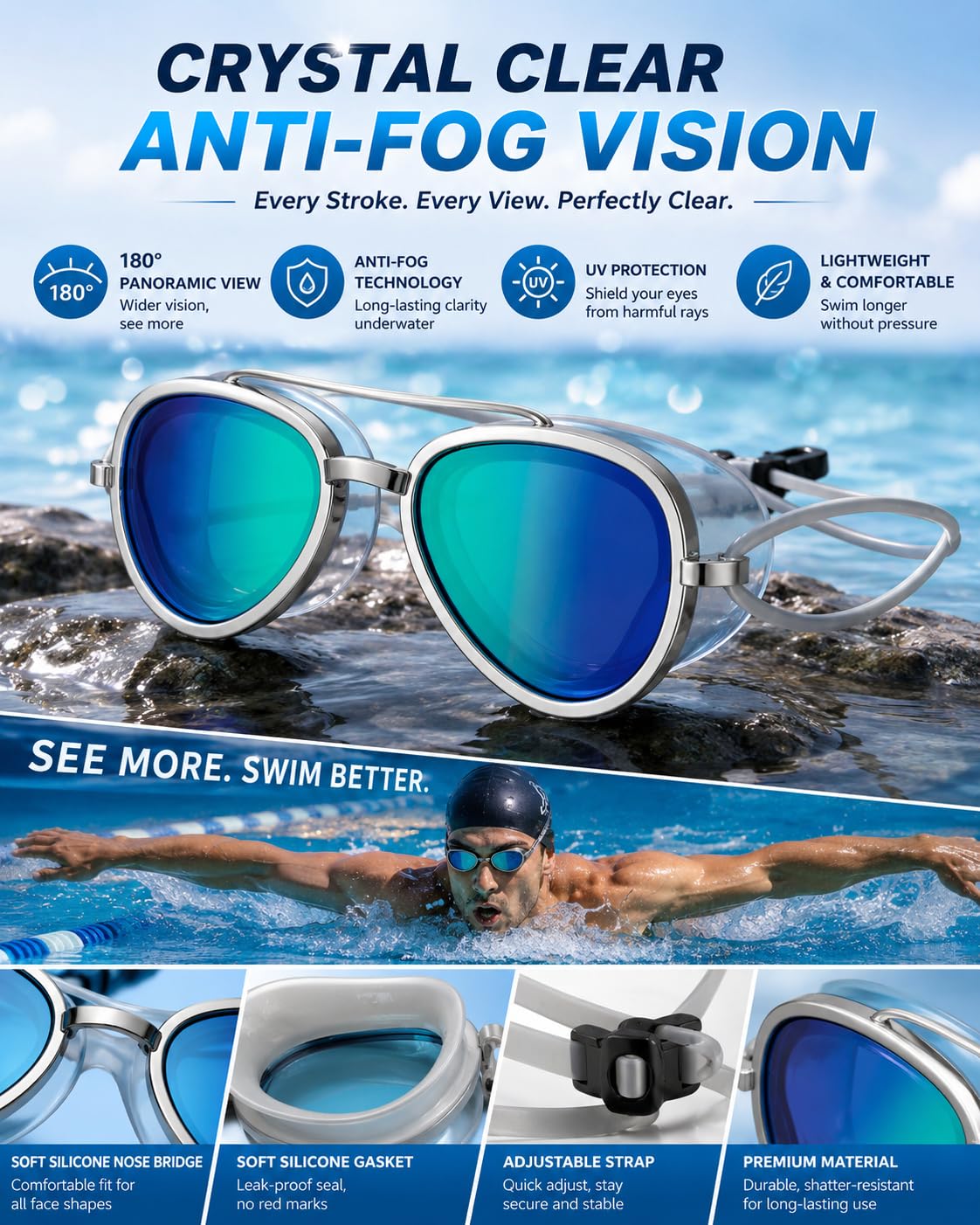 🍃180° Panoramic View Swimming Goggles, Anti-Fog UV Protection Mirrored Swim Goggles, Professional Racing Swim Glasses for Lap Training & Open Water