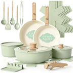 Non Stick Pots and Pans Set, 21 Pcs Ceramic Kitchen Cookware Set with Detachable Handle, Nonstick Healthy Induction Cookware, Dishwasher RV Cookware Set, Oven Safe, Stackable, Sage Green/Pink/Black/Navy