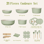Non Stick Pots and Pans Set, 21 Pcs Ceramic Kitchen Cookware Set with Detachable Handle, Nonstick Healthy Induction Cookware, Dishwasher RV Cookware Set, Oven Safe, Stackable, Sage Green/Pink/Black/Navy
