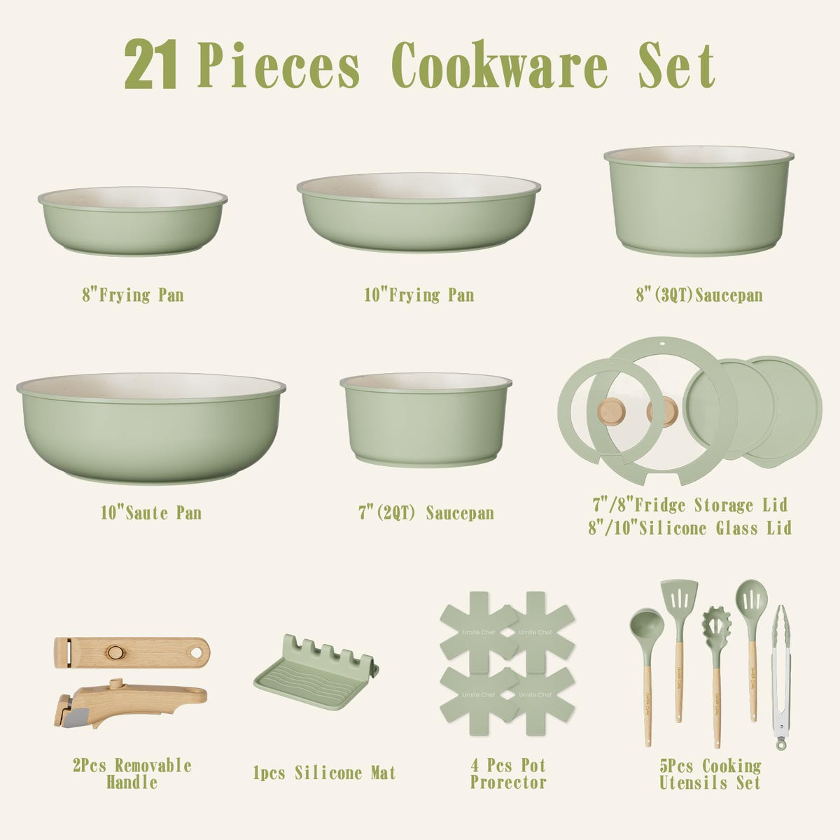 Non Stick Pots and Pans Set, 21 Pcs Ceramic Kitchen Cookware Set with Detachable Handle, Nonstick Healthy Induction Cookware, Dishwasher RV Cookware Set, Oven Safe, Stackable, Sage Green/Pink/Black/Navy