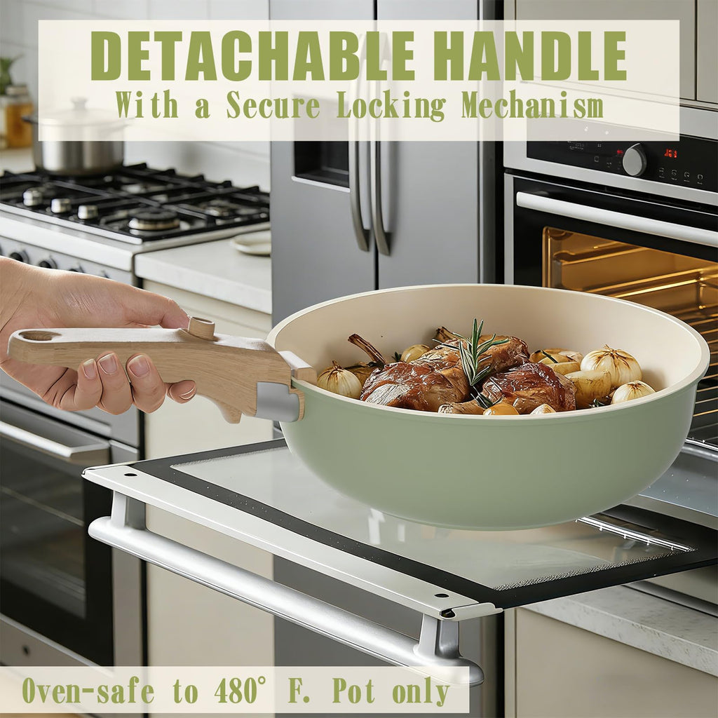 Non Stick Pots and Pans Set, 21 Pcs Ceramic Kitchen Cookware Set with Detachable Handle, Nonstick Healthy Induction Cookware, Dishwasher RV Cookware Set, Oven Safe, Stackable, Sage Green/Pink/Black/Navy