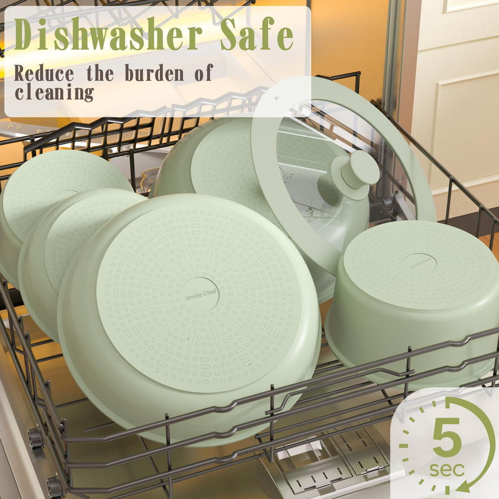 Non Stick Pots and Pans Set, 21 Pcs Ceramic Kitchen Cookware Set with Detachable Handle, Nonstick Healthy Induction Cookware, Dishwasher RV Cookware Set, Oven Safe, Stackable, Sage Green/Pink/Black/Navy