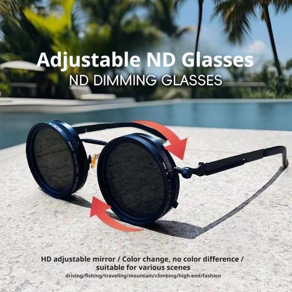 🔥Vintage Round Adjustable ND Polarized Sunglasses, 9-Level Dimmable Lens, UV400 Protection, Stepless Light Control Shades for Fishing Driving Outdoor