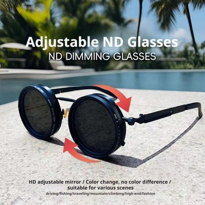 🔥Vintage Round Adjustable ND Polarized Sunglasses, 9-Level Dimmable Lens, UV400 Protection, Stepless Light Control Shades for Fishing Driving Outdoor