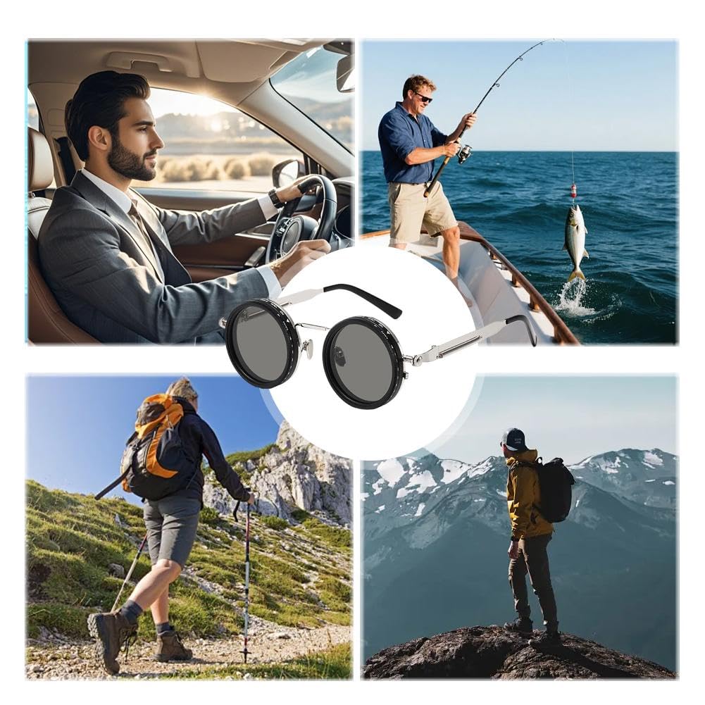 🔥Vintage Round Adjustable ND Polarized Sunglasses, 9-Level Dimmable Lens, UV400 Protection, Stepless Light Control Shades for Fishing Driving Outdoor